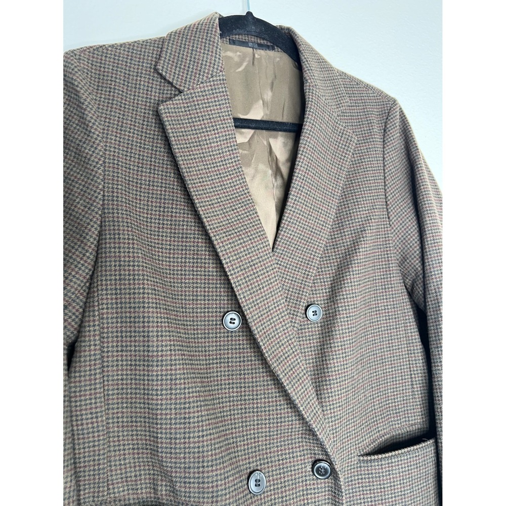 Uniqlo Brown Houndstooth Double Breasted Blazer Jacket 452679 Wool Blend